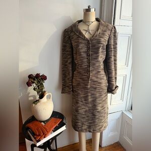 Vintage Brown taupe space-dye texture Striped Stretch Knit Two Piece Skirt Suit